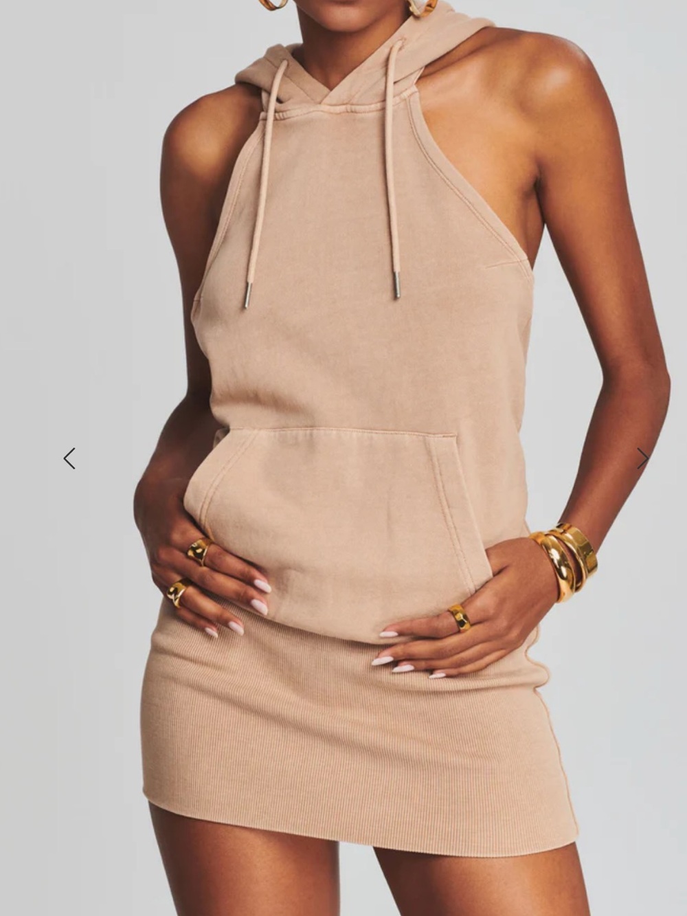 NWT SEROYA Avalee Hooded Mini Dress XS Beige Sleeveless Rib Hem Casual Lounge